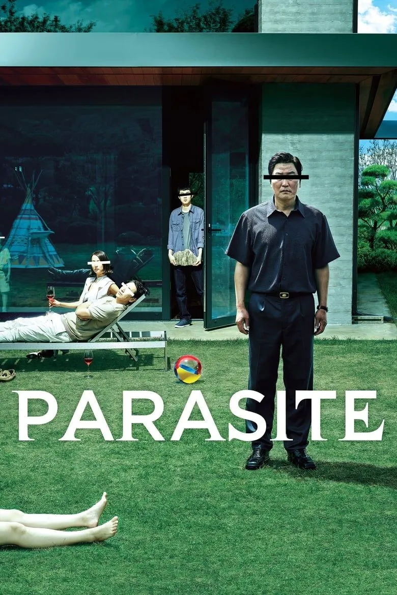 Poster Parasite: hình ảnh gia đình Kim và biểu tượng kiến trúc nhà Park phản chiếu xung đột giai tầng