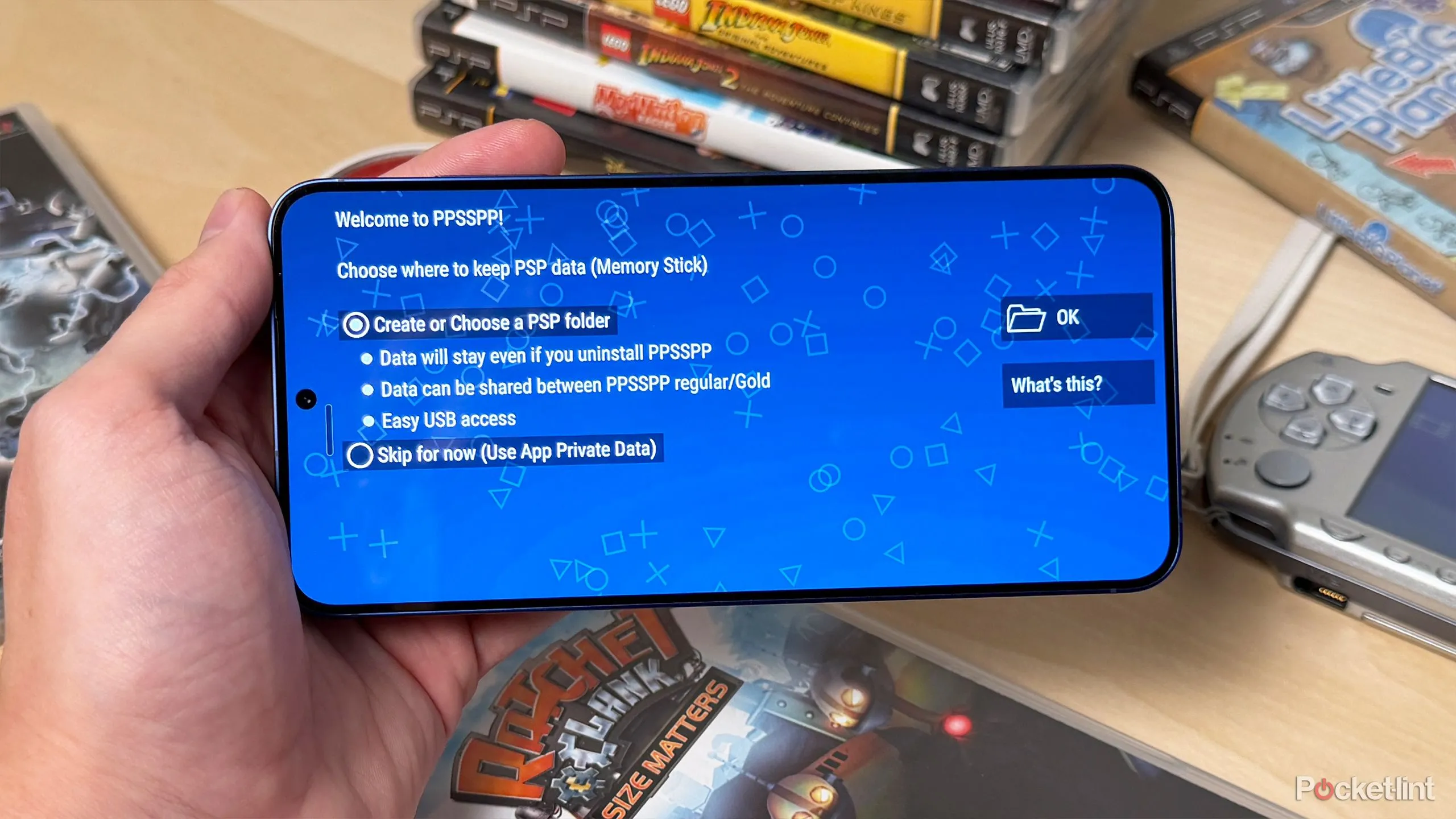 Quá trình cài đặt PPSSPP trên Android, chọn thư mục lưu file ISO và cấu hình ban đầu