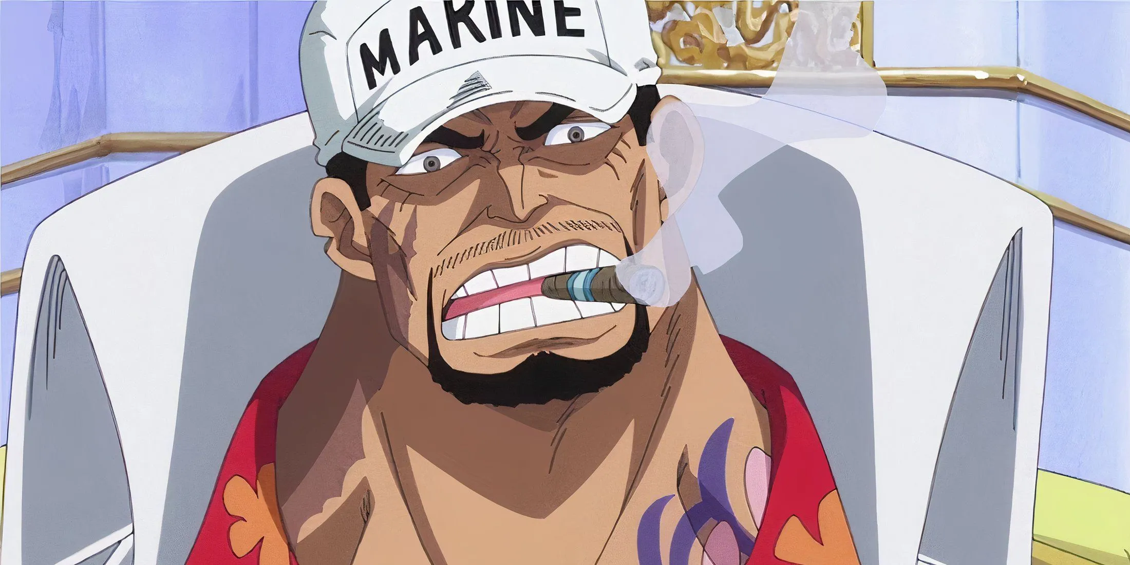 Sakazuki (Akainu) phả ra khói, tượng trưng cho Magu Magu no Mi và tính cách lạnh lùng của một Fleet Admiral