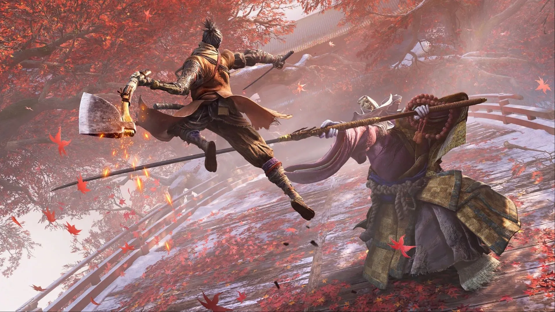 Sekiro dùng rìu nạp để tấn công True Corrupted Monk, minh họa cho combat dựa trên timing và parry.