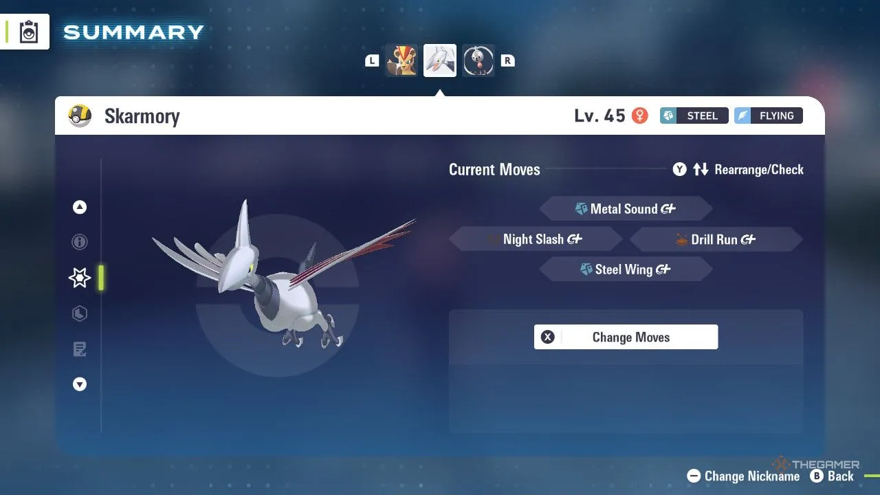 Skarmory trong menu Pokémon Legends: Z-A, dáng vẻ chắc nịch như giáp sắt bay lơ lửng