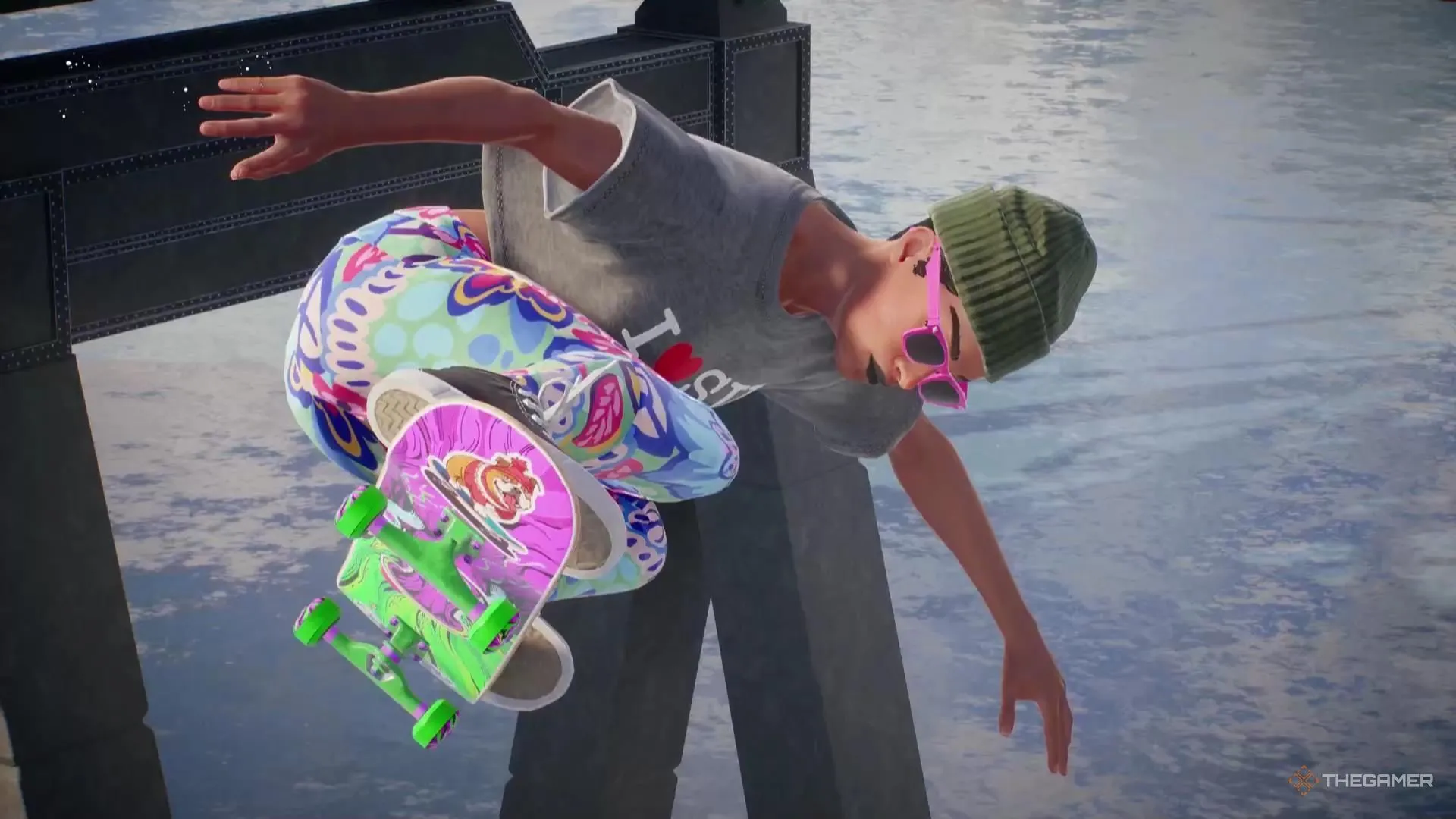 Skater thực hiện thủ thuật trên mặt nước trong Skate - trang phục màu sắc và kính hồng