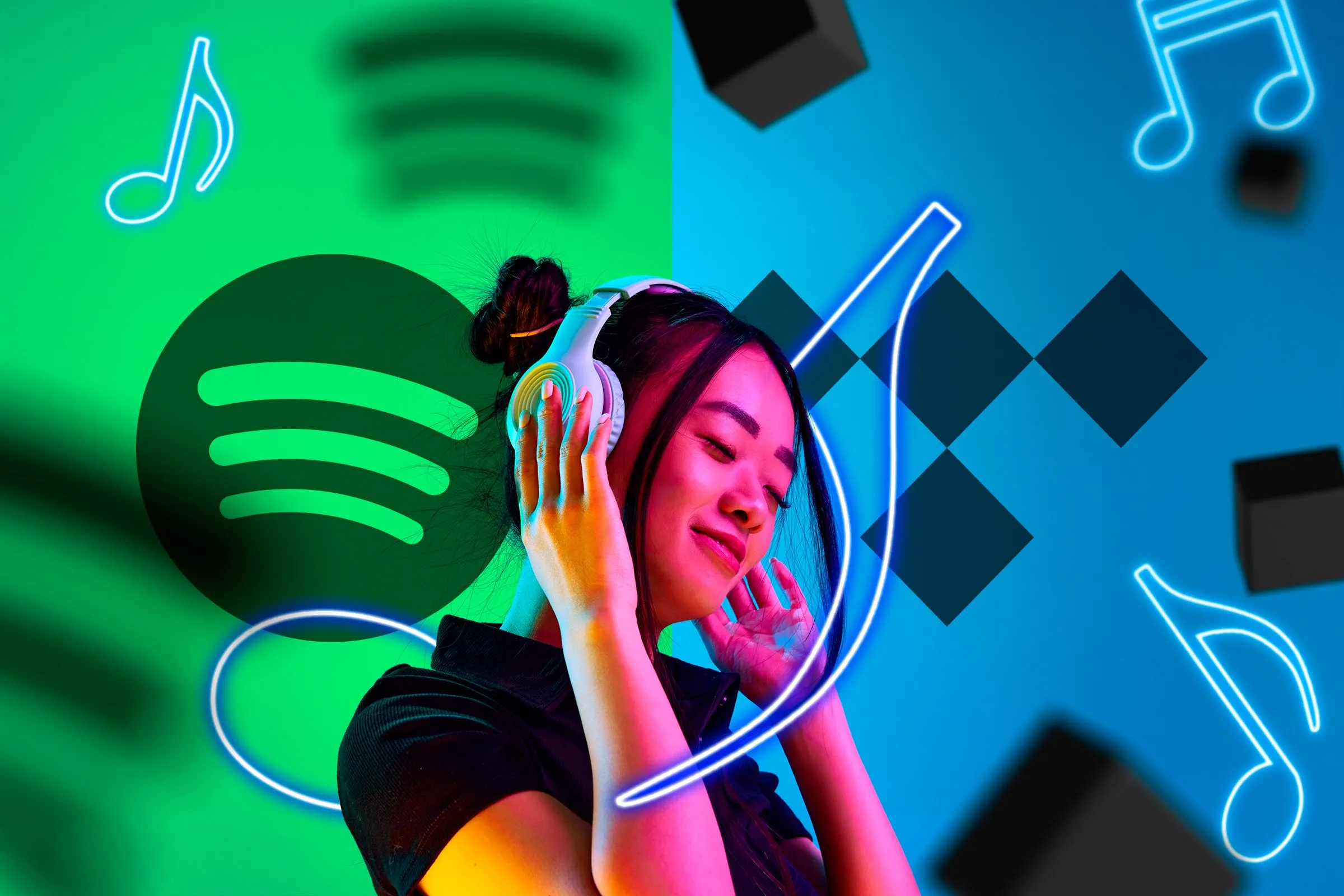 So sánh trực quan giữa Spotify và Tidal, biểu tượng hai nền tảng với hình ảnh người nghe tai nghe