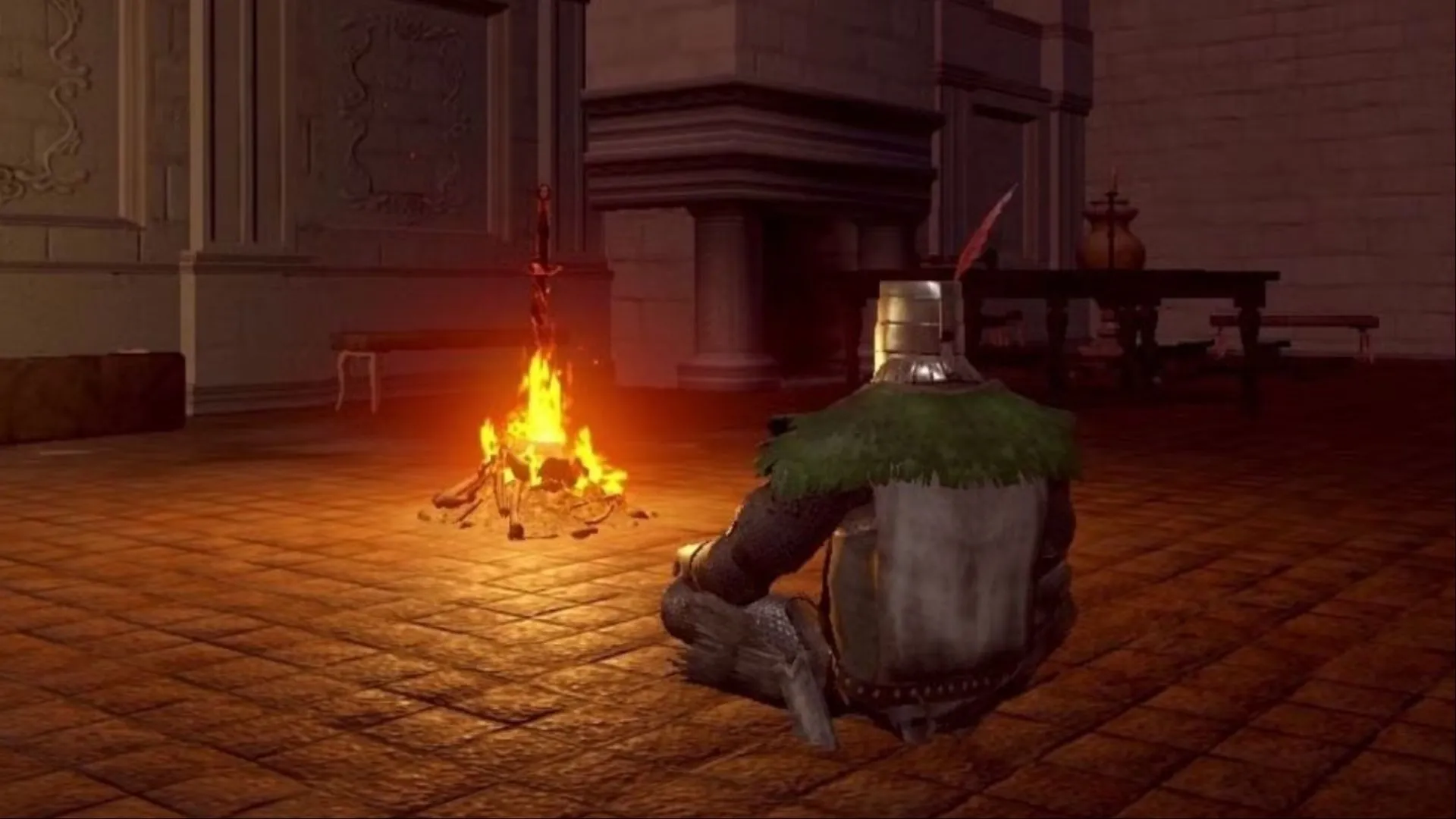 Solaire of Astora ngồi bên bonfire, biểu tượng của hy vọng và đồng hành trong Dark Souls