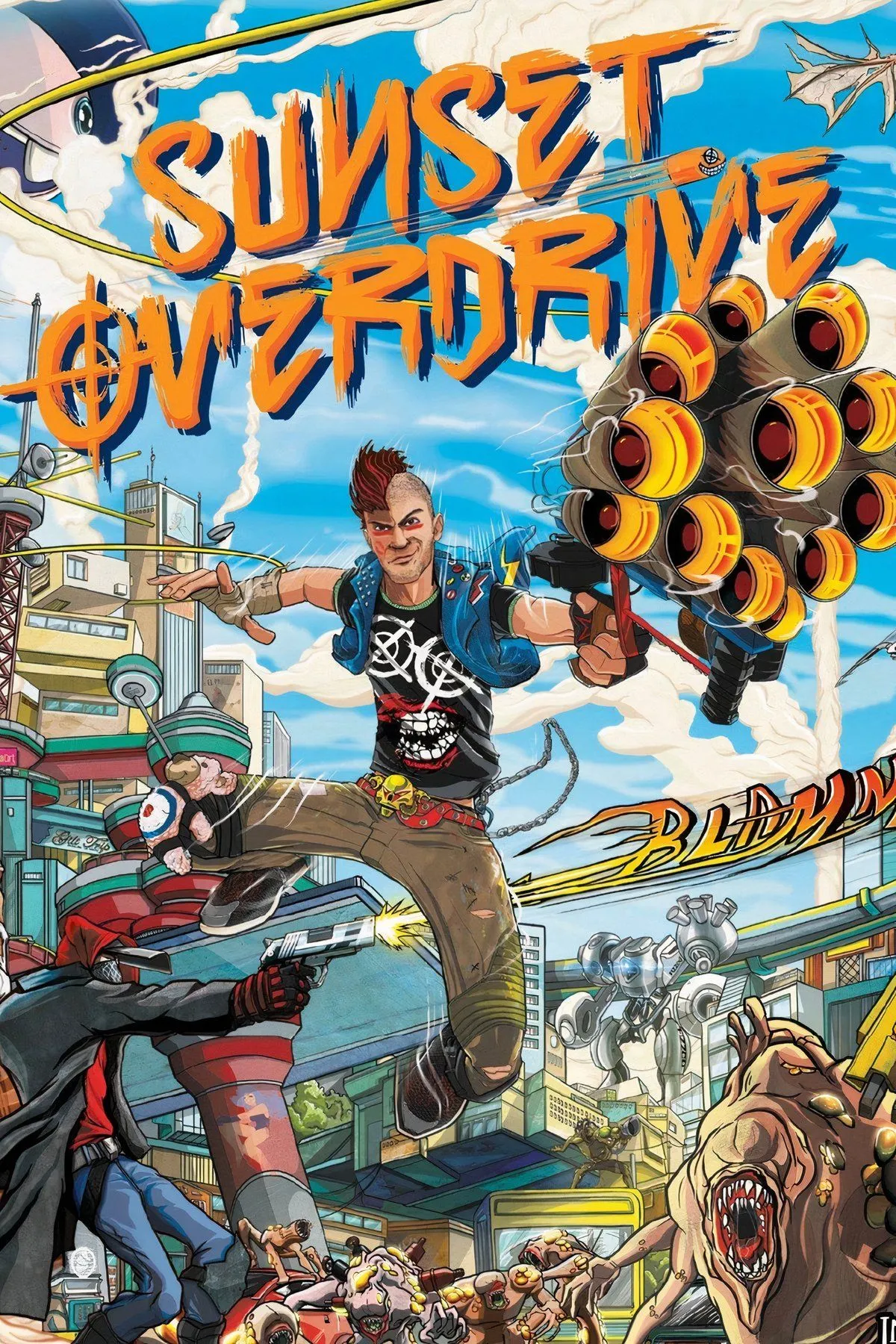 Sunset Overdrive minh họa phong cách di chuyển bật nhảy, grind và bounce trong thành phố đầy biến dị