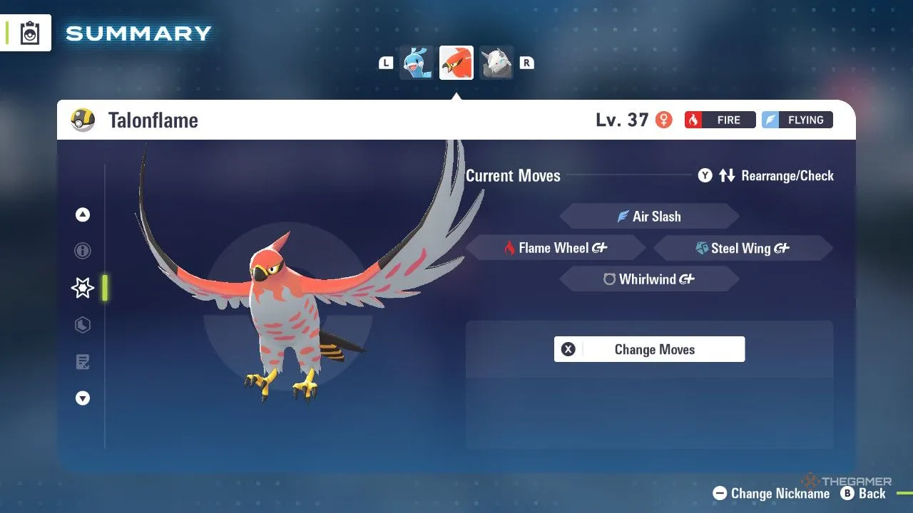 Talonflame trong menu Pokémon Legends: Z-A, dáng vẻ sắc lẹm với tốc độ vượt trội