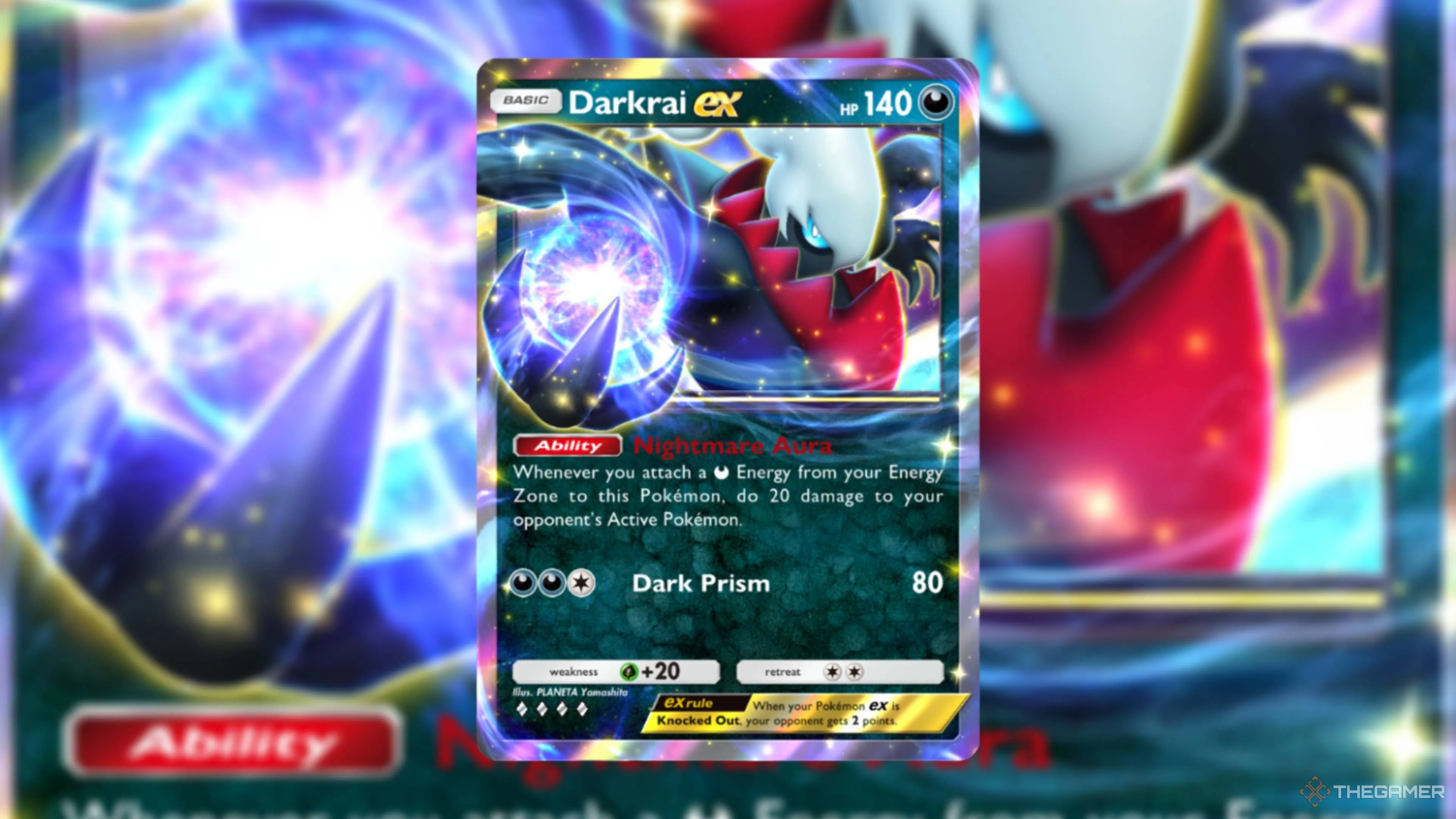 Thẻ Darkrai ex rút được từ Deluxe: ex trong Pokémon TCG Pocket — minh họa cho việc cần điền retroactive vào bộ Space-Time SmackDown.