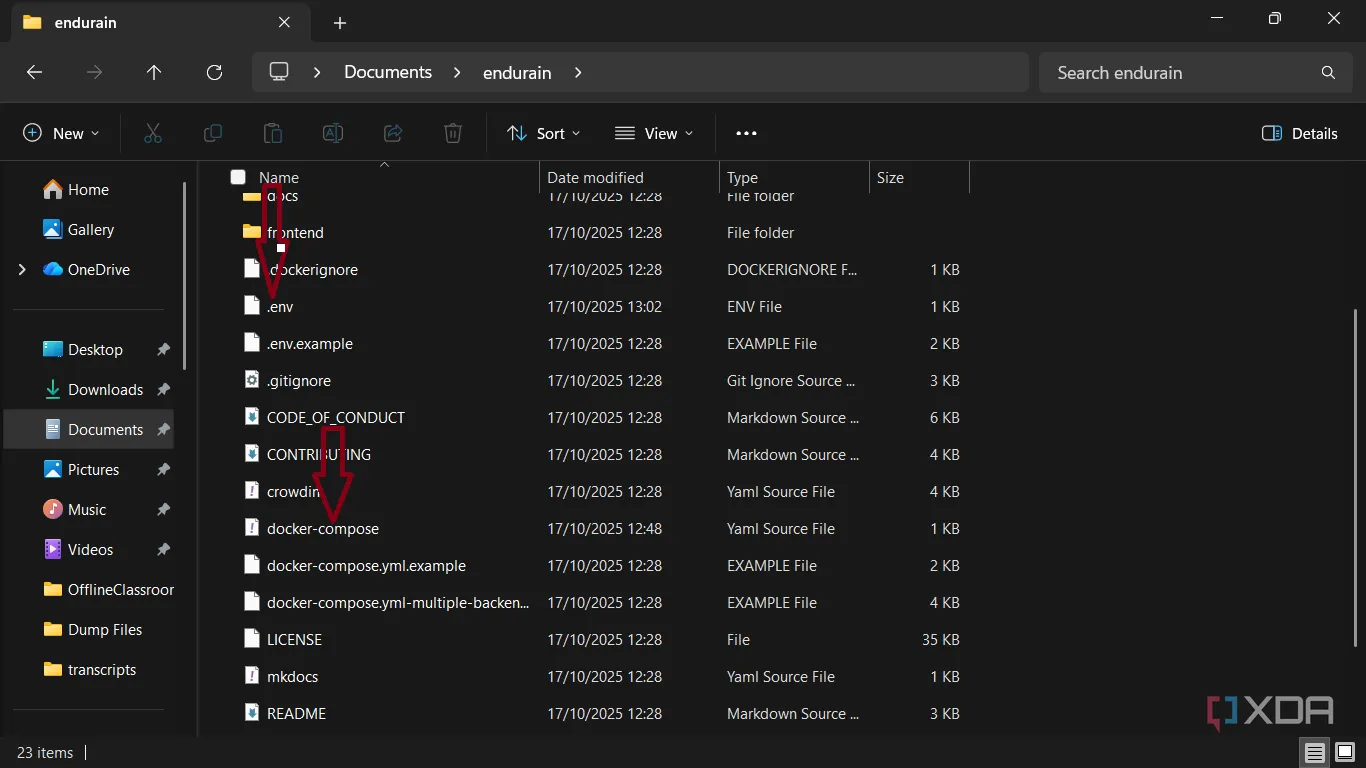 Thư mục dự án Endurain lưu trữ các file .env và docker-compose để thiết lập môi trường vận hành