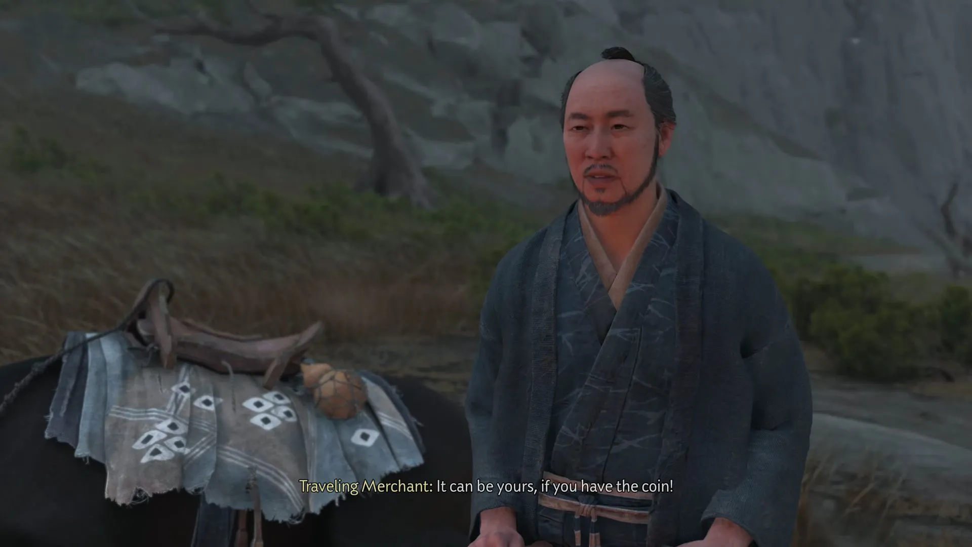 Thương nhân lang thang xuất hiện tại trại cắm trại của Atsu trong Ghost of Yotei