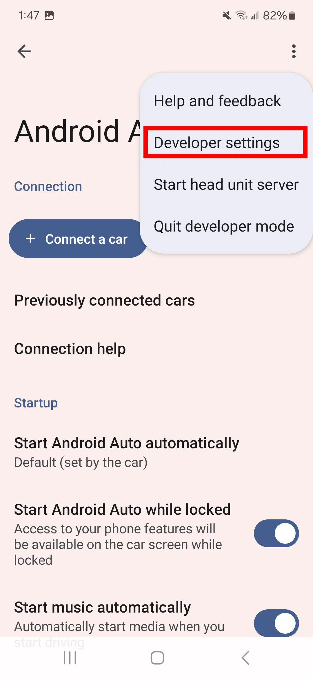 Truy cập Developer settings trong ứng dụng Android Auto qua menu ba chấm