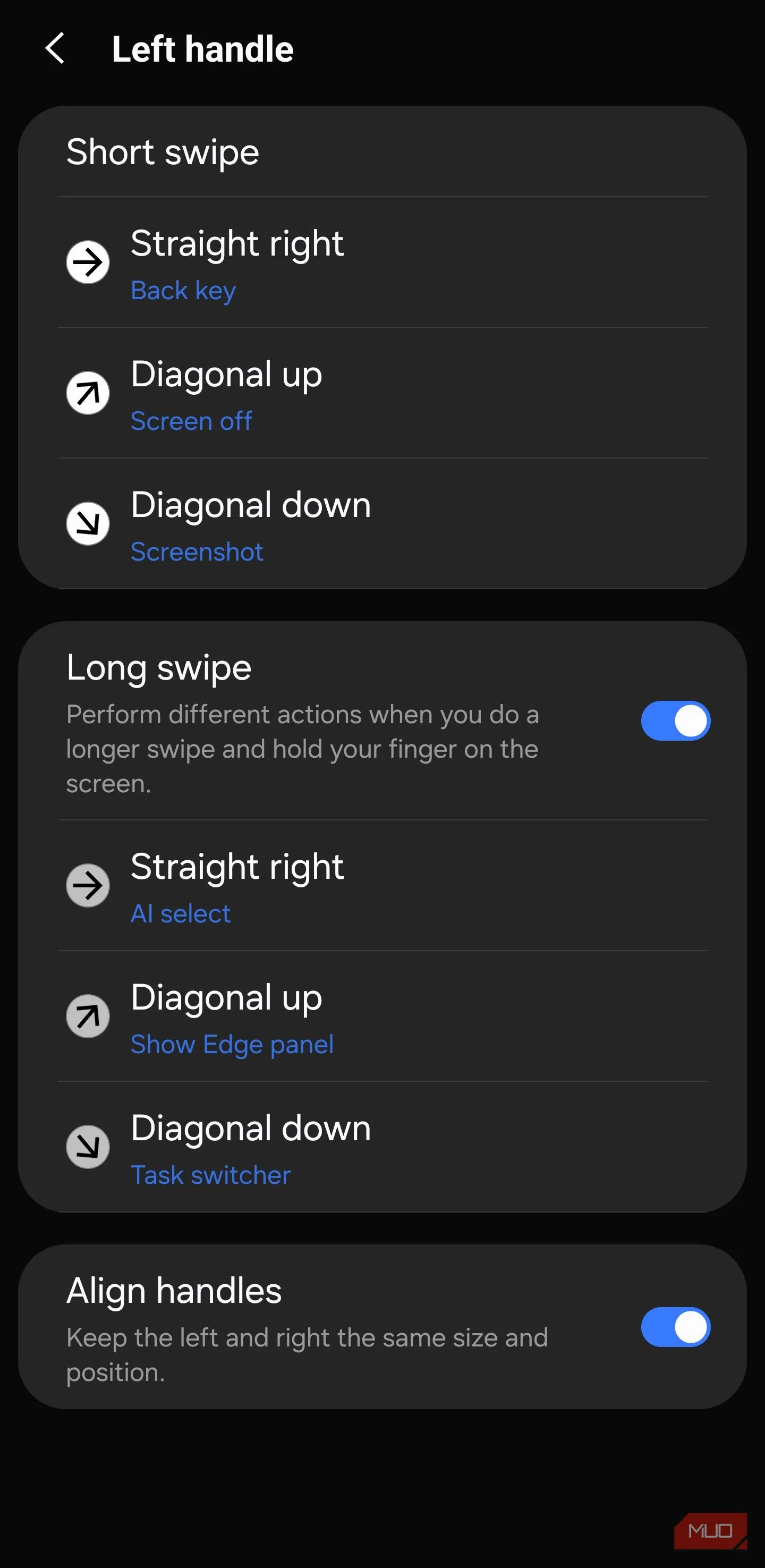 Tuỳ chọn cử chỉ tay trái trong One Hand Operation+ với lựa chọn chụp màn hình