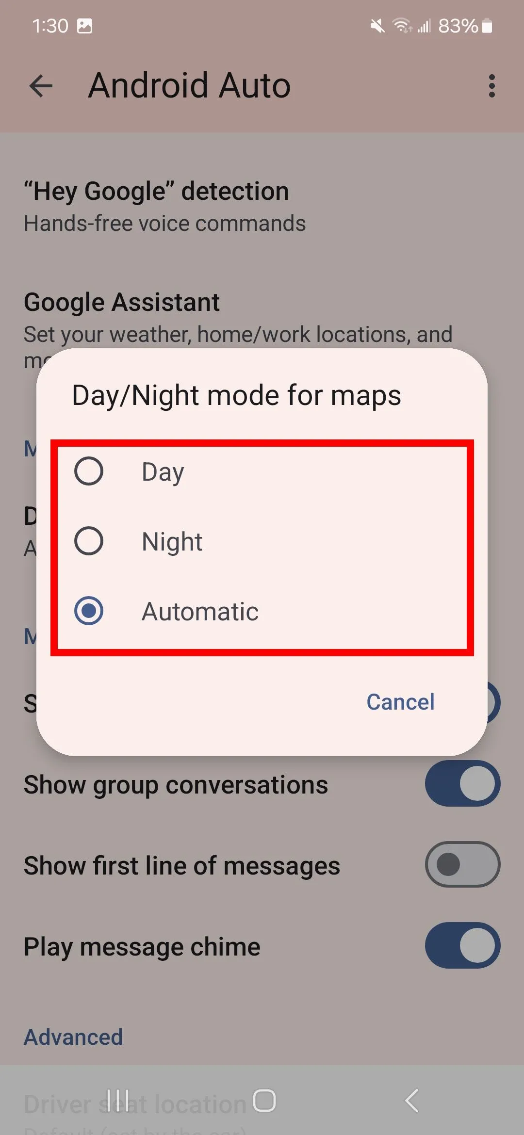 Tùy chọn Day/Night mode cho bản đồ trong cài đặt Android Auto