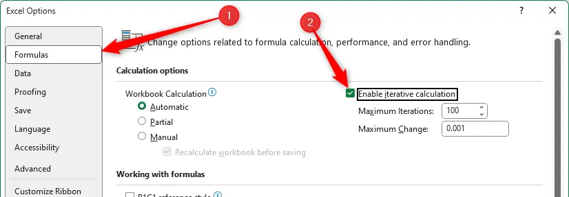 Tùy chọn Enable Iterative Calculations trong Excel Options được bật để cho phép công thức vòng lặp và tạo timestamp tĩnh khi checkbox được đánh dấu