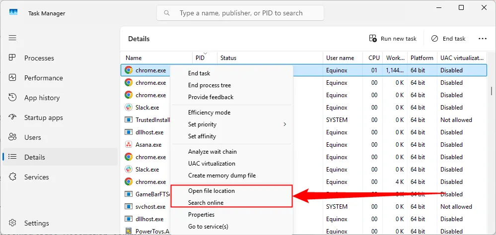 Tùy chọn mở vị trí file hoặc tìm trực tuyến để điều tra tiến trình trong Task Manager