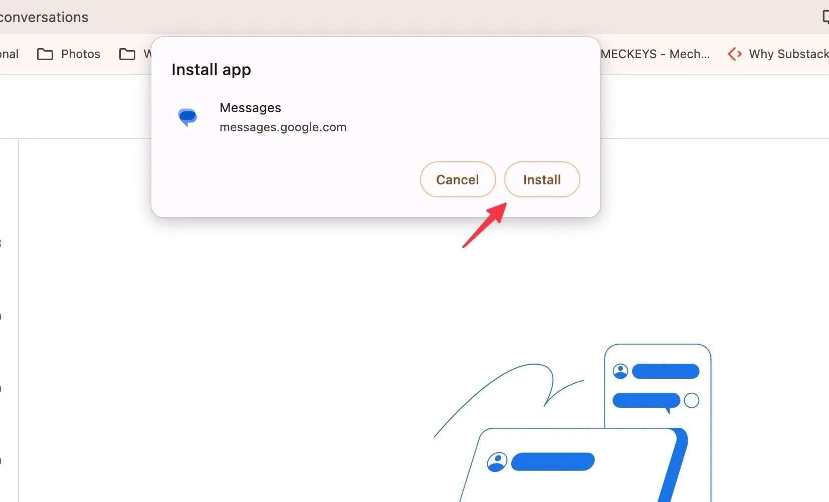 Ví dụ hộp thoại Install để thêm Google Messages lên máy tính