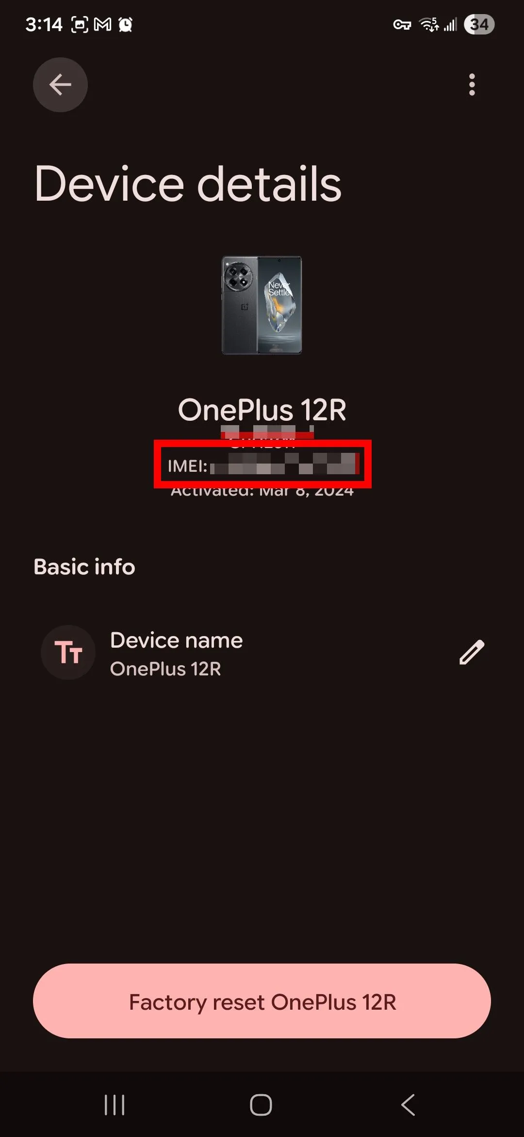 Vị trí hiển thị IMEI trong ứng dụng Google Find Hub, khung đỏ làm nổi bật mã số nhận dạng thiết bị