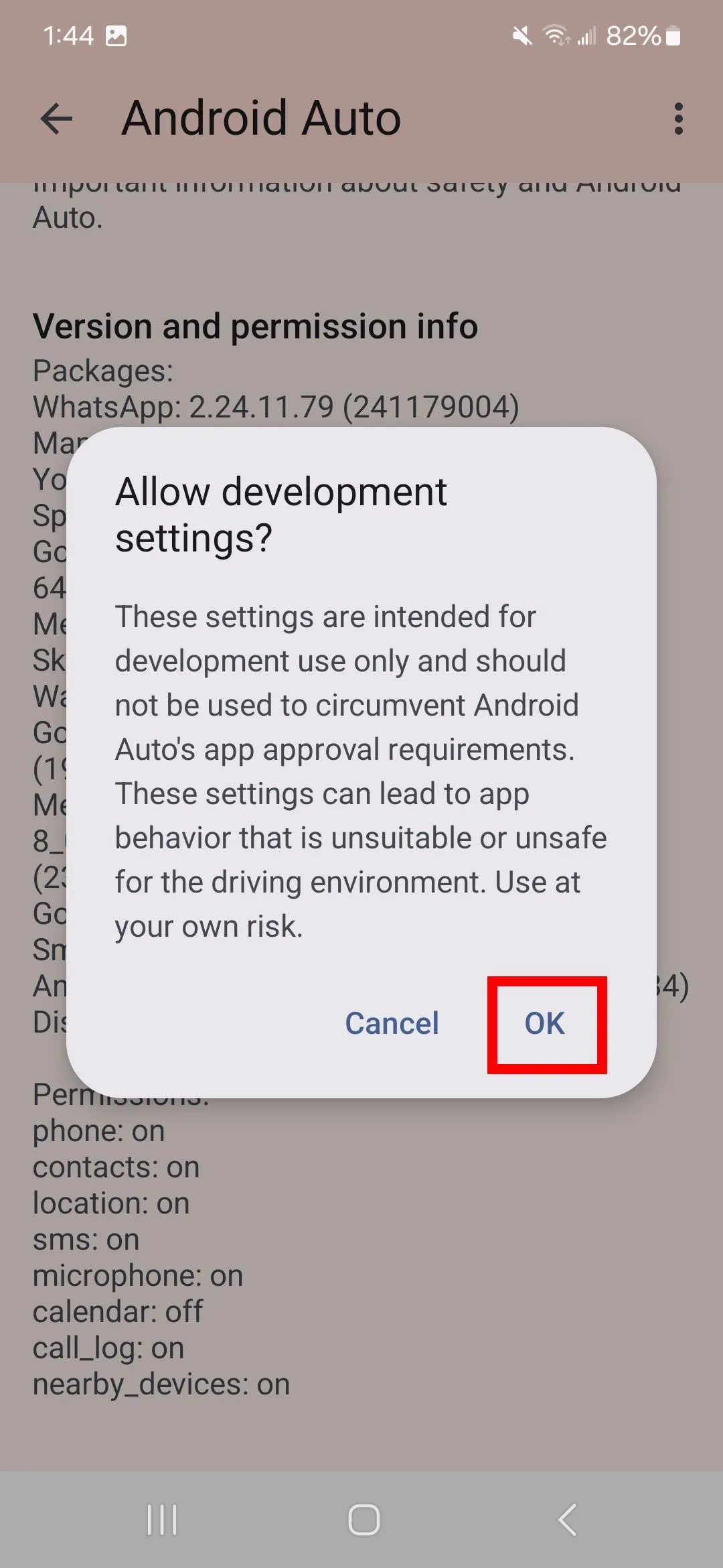 Xác nhận bật chế độ nhà phát triển Android Auto bằng cửa sổ Allow development settings